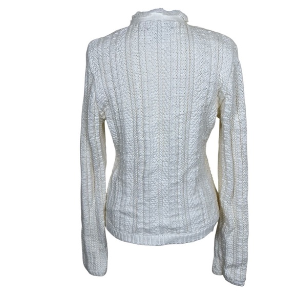 Tahari Button Up Fringe Cable Knit Cardigan Sweater Blazer Ivory Luxury Elegant - Picture 9 of 16